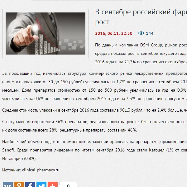 В сентябре российский фармрынок продемонстрировал рост В сентябре российский фармрынок продемонстрировал рост